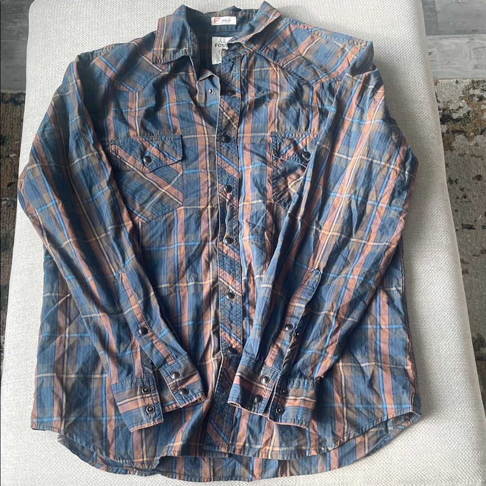 Fossil Men's Casual Plaid Shirt in Blue and Orange